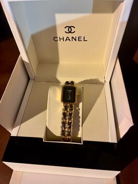 CHANEL Gold-Tone Chain Link Watch with Black Dial